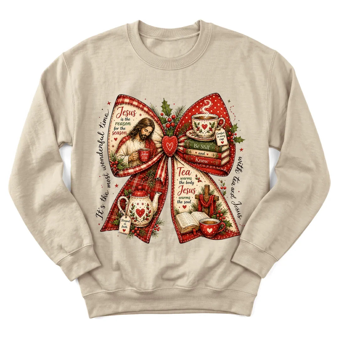 Tea and Jesus Christmas bow sweatshirt with teacups, holly and red plaid accents - Sand
