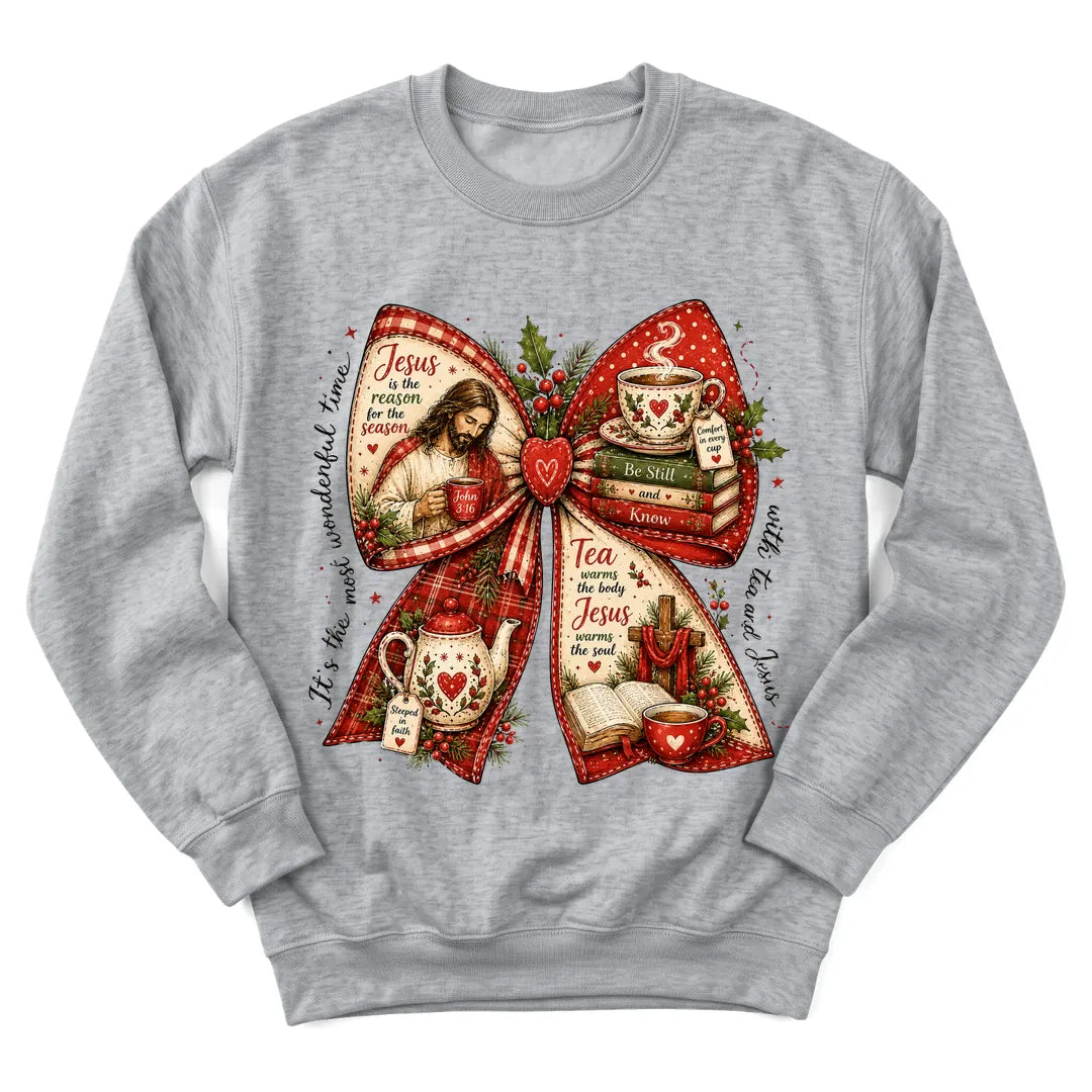 Tea and Jesus Christmas bow sweatshirt with teacups, holly and red plaid accents - Sport Grey