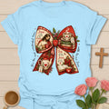 Tea and Jesus Christmas bow Christian T-shirt with Bible teacup teapot cross holly and red plaid - Light Blue