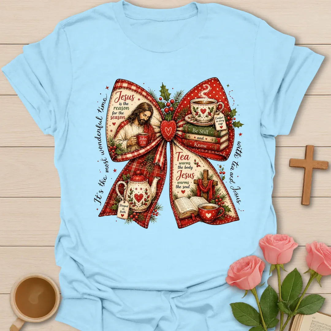 Tea and Jesus Christmas bow Christian T-shirt with Bible teacup teapot cross holly and red plaid - Light Blue