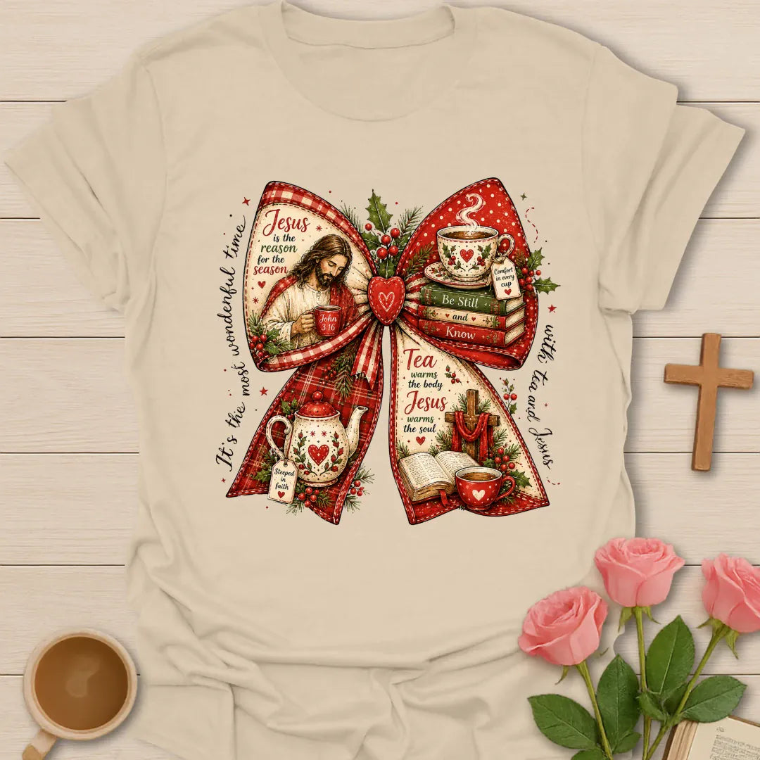 Tea and Jesus Christmas bow Christian T-shirt with Bible teacup teapot cross holly and red plaid - Sand