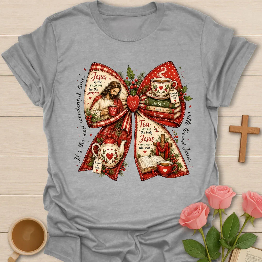 Tea and Jesus Christmas bow Christian T-shirt with Bible teacup teapot cross holly and red plaid - Sport Grey