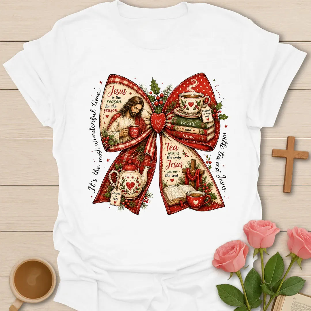 Tea and Jesus Christmas bow Christian T-shirt with Bible teacup teapot cross holly and red plaid - White