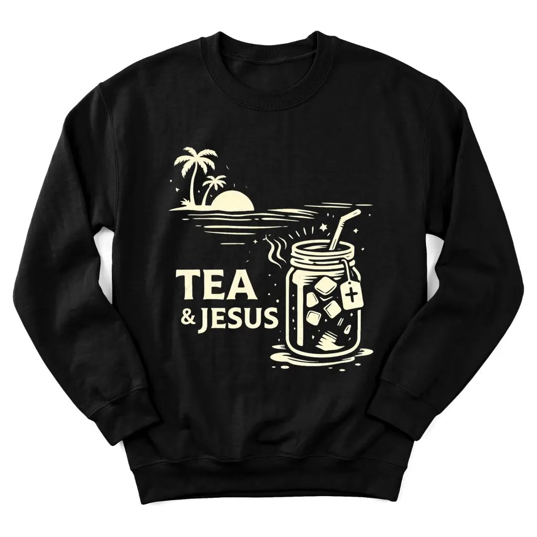 Tea and Jesus summer sweatshirt with sunset, teacup and faith lettering - Black