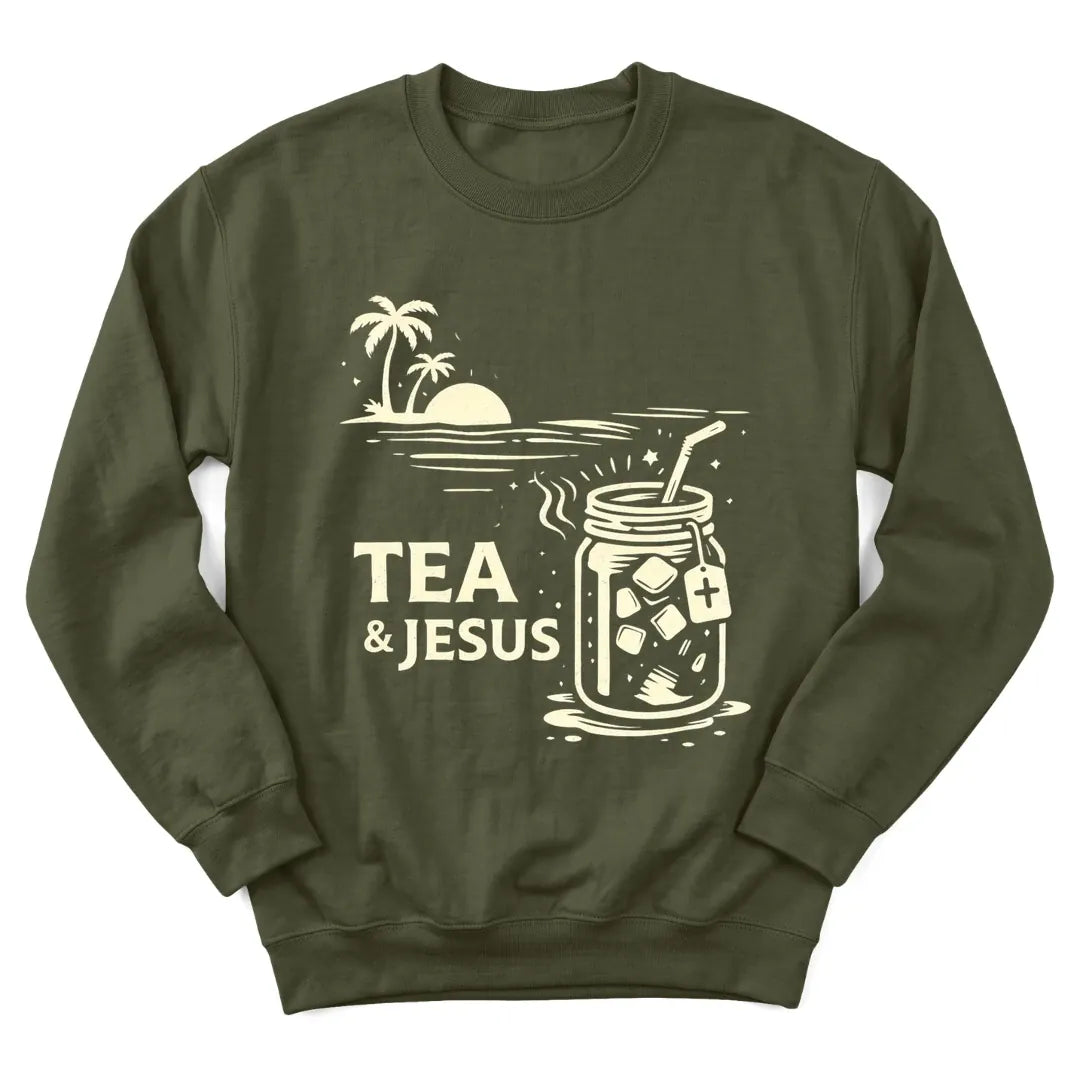 Tea and Jesus summer sweatshirt with sunset, teacup and faith lettering - Military Green
