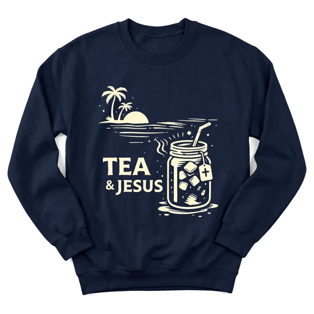 Tea and Jesus summer sweatshirt with sunset, teacup and faith lettering - Navy