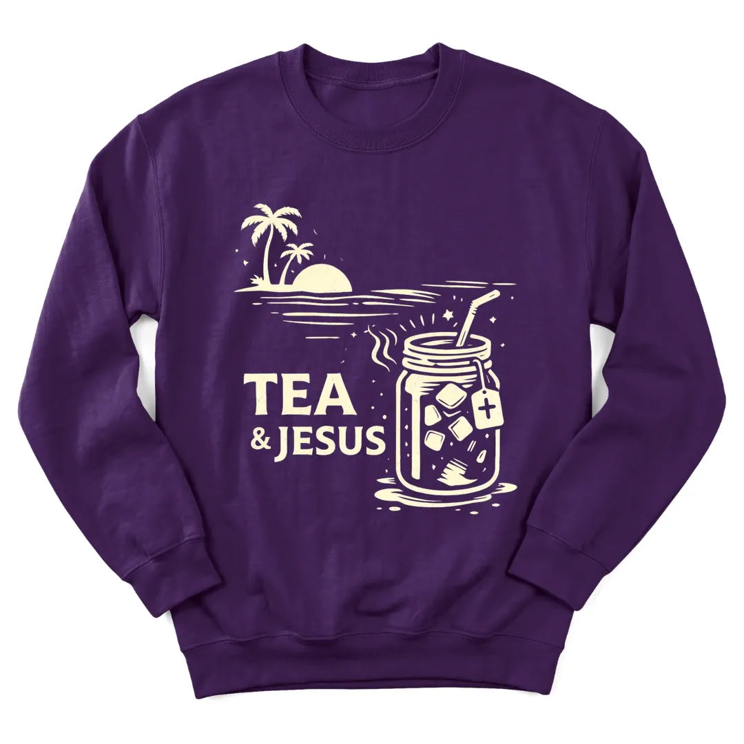 Tea and Jesus summer sweatshirt with sunset, teacup and faith lettering - Purple