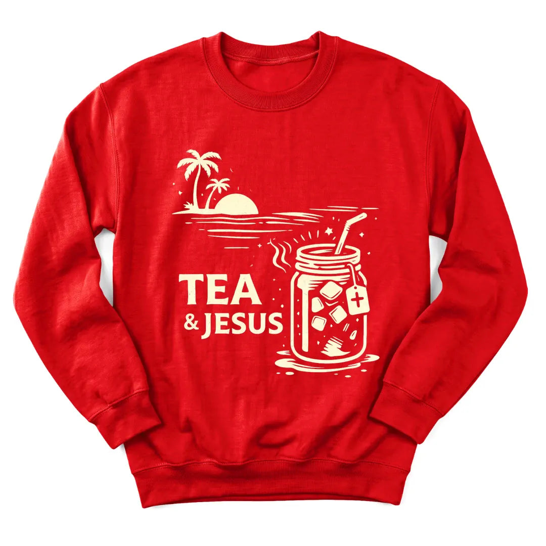 Tea and Jesus summer sweatshirt with sunset, teacup and faith lettering - Red