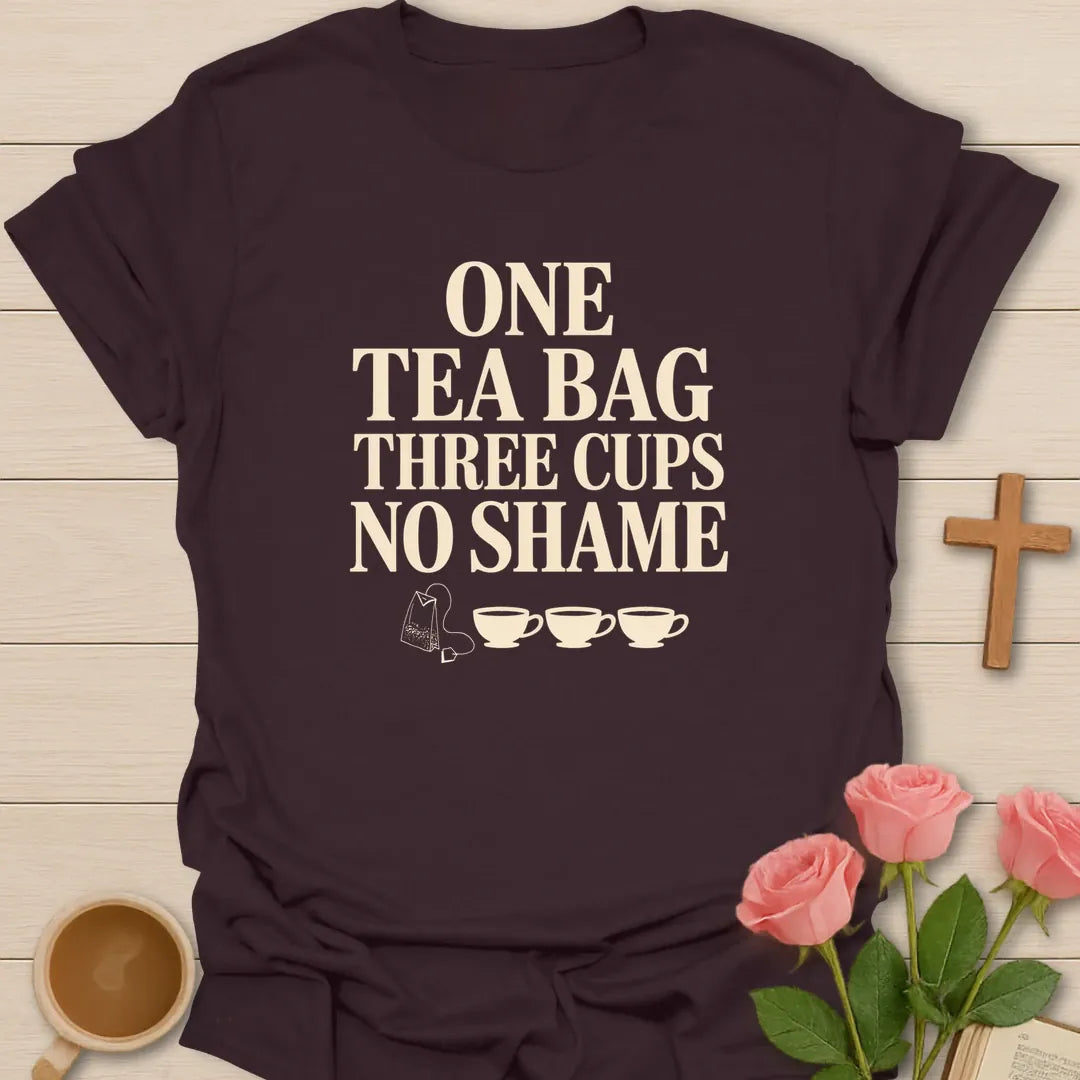 Tea Bag No Shame shirt with playful lettering and faith-inspired tea design. - Dark Chocolate