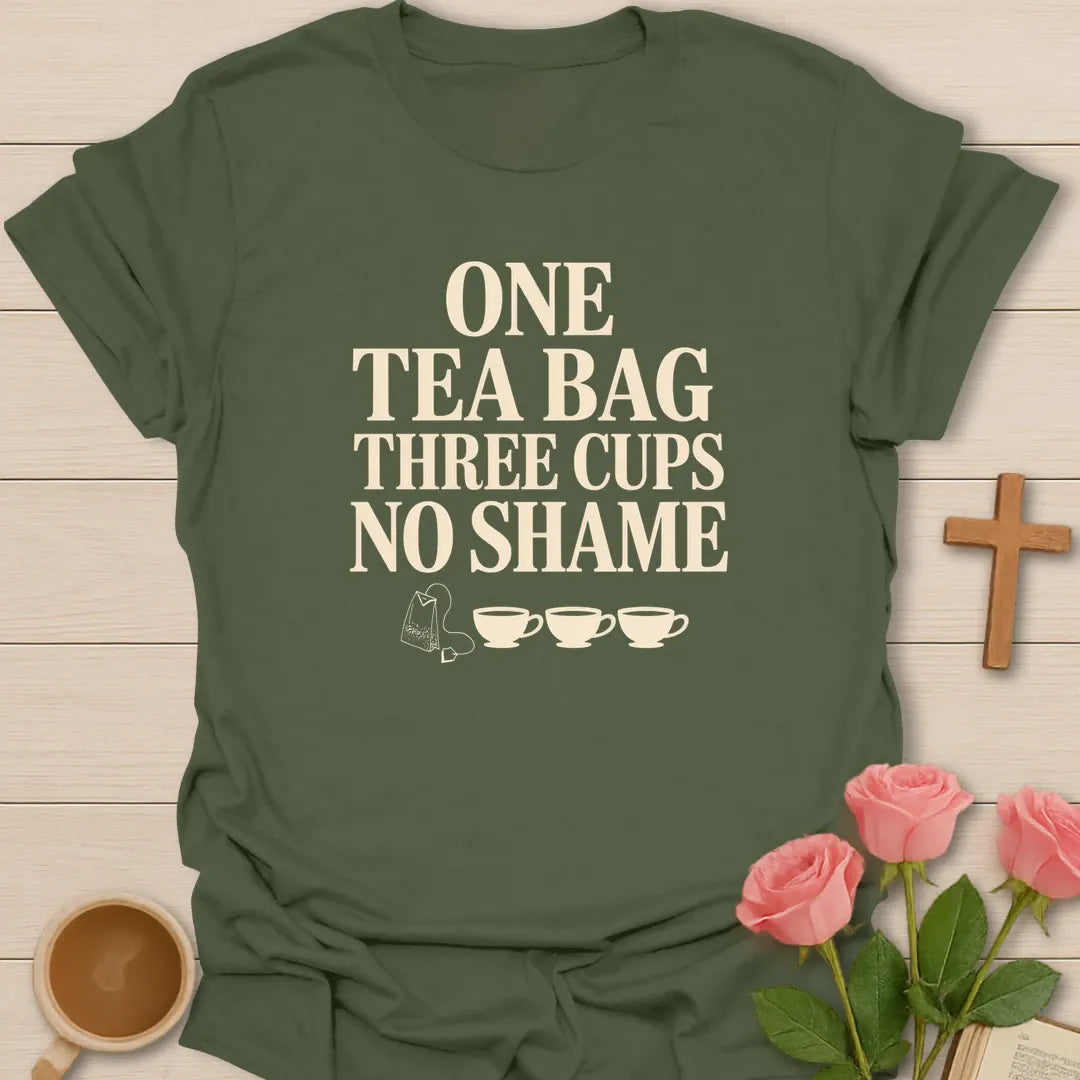 Tea Bag No Shame shirt with playful lettering and faith-inspired tea design. - Military Green