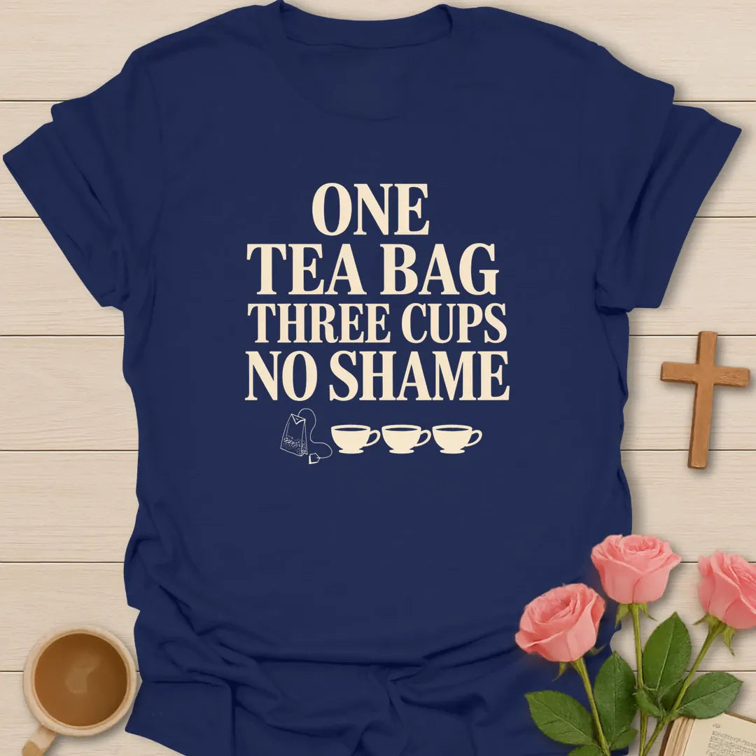 Tea Bag No Shame shirt with playful lettering and faith-inspired tea design. - Navy