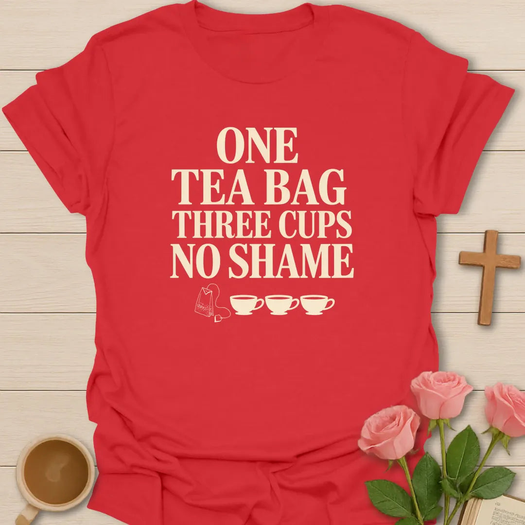 Tea Bag No Shame shirt with playful lettering and faith-inspired tea design. - Red