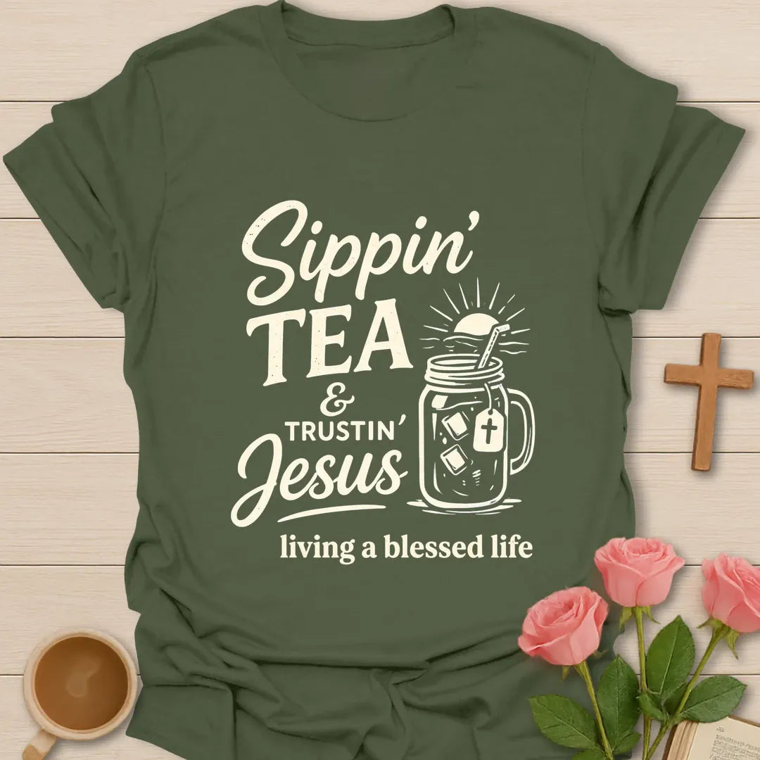Tea Best Life t-shirt with playful tea-themed lettering - Military Green