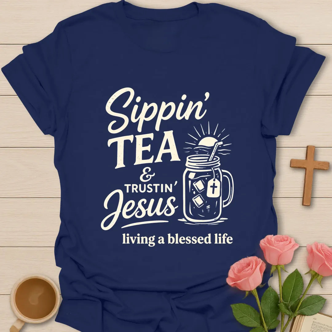 Tea Best Life t-shirt with playful tea-themed lettering - Navy