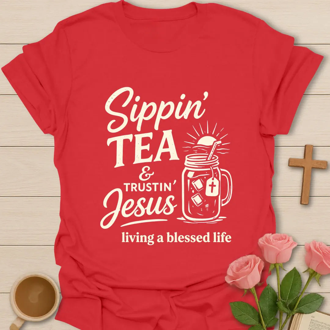 Tea Best Life t-shirt with playful tea-themed lettering - Red