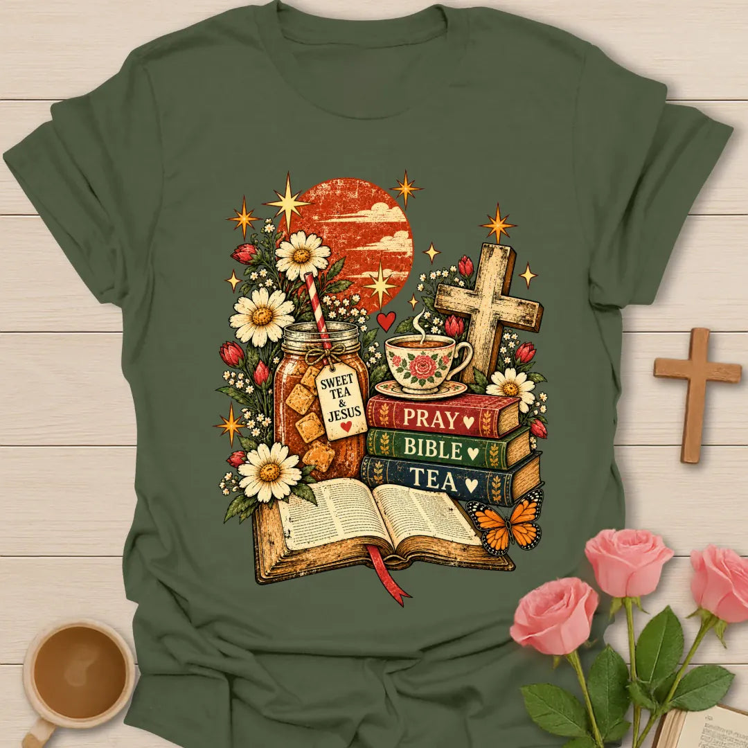 Tea Bible & Blooms t-shirt with an open Bible, a Pray Bible Tea book stack, a Sweet Tea & Jesus jar, a teacup, a wooden cross, daisies and a butterfly - Military Green