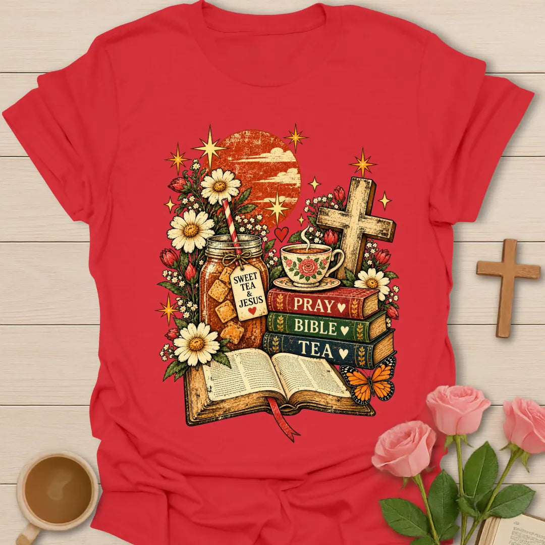 Tea Bible & Blooms t-shirt with an open Bible, a Pray Bible Tea book stack, a Sweet Tea & Jesus jar, a teacup, a wooden cross, daisies and a butterfly - Red