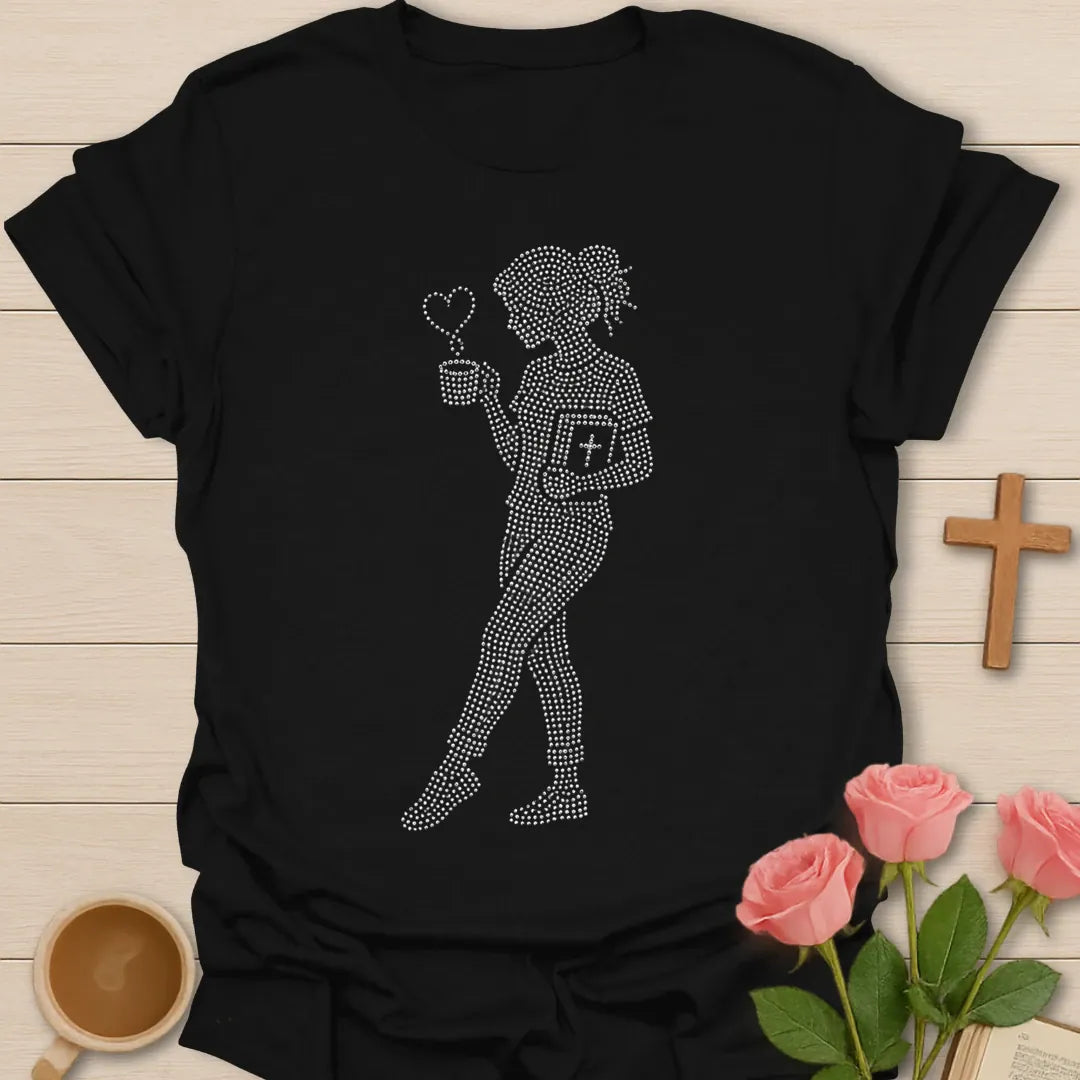 Tea and Bible Time faux rhinestone shirt with woman holding teacup, Bible, heart steam, and dotted sparkle artwork. - Black