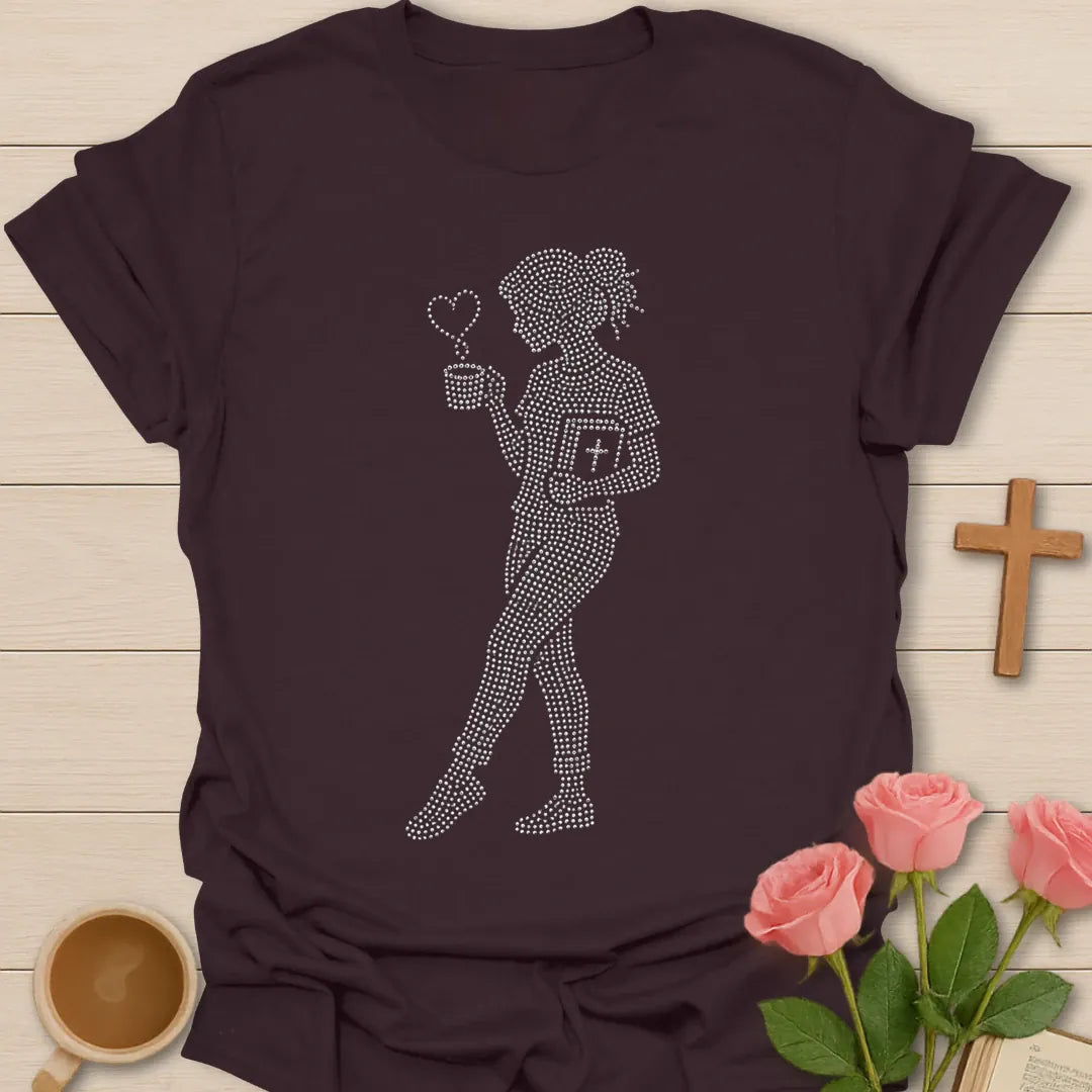 Tea and Bible Time faux rhinestone shirt with woman holding teacup, Bible, heart steam, and dotted sparkle artwork. - Dark Chocolate