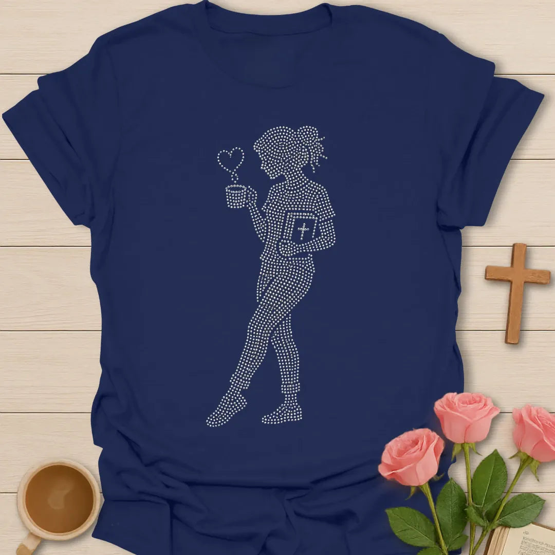 Tea and Bible Time faux rhinestone shirt with woman holding teacup, Bible, heart steam, and dotted sparkle artwork. - Navy