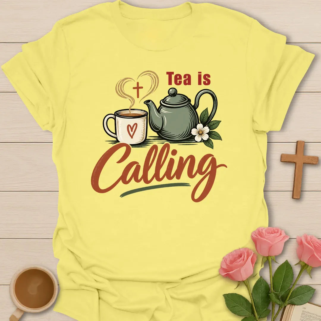 Tea Calling Christian t-shirt with playful tea lettering - Cornsilk