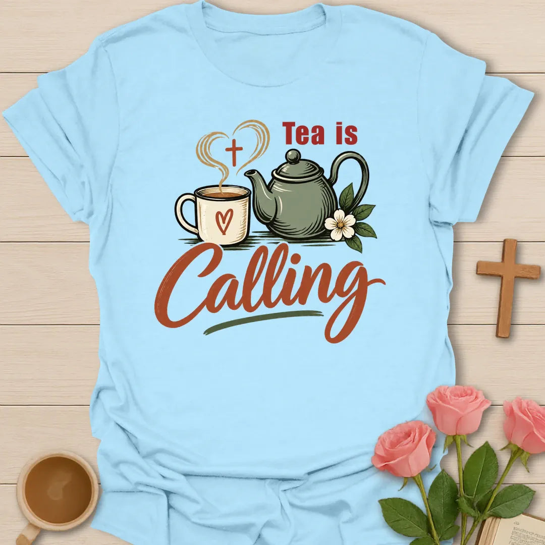 Tea Calling Christian t-shirt with playful tea lettering - Light Blue