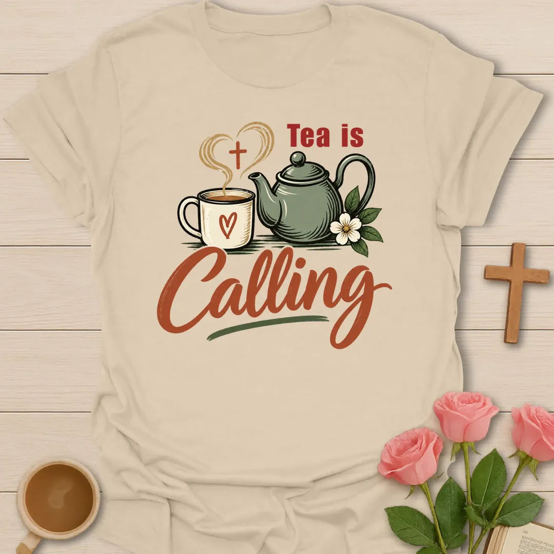 Tea Calling Christian t-shirt with playful tea lettering - Sand