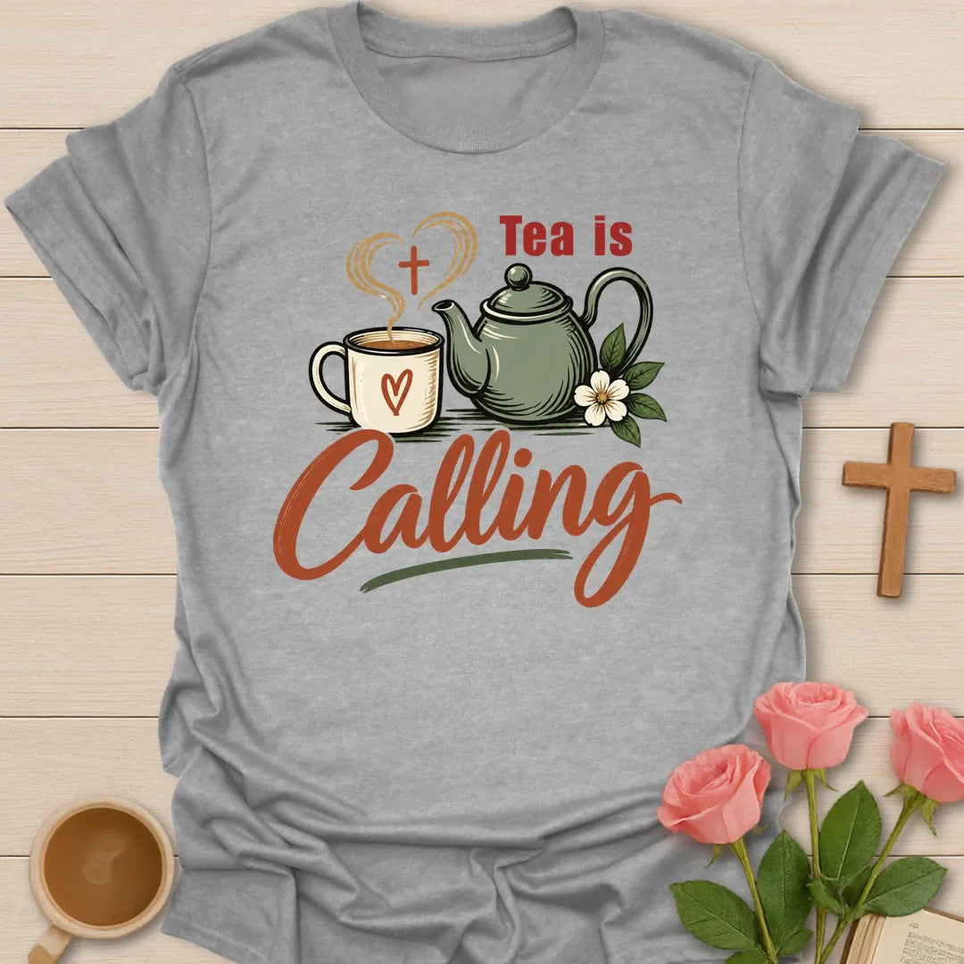 Tea Calling Christian t-shirt with playful tea lettering - Sport Grey