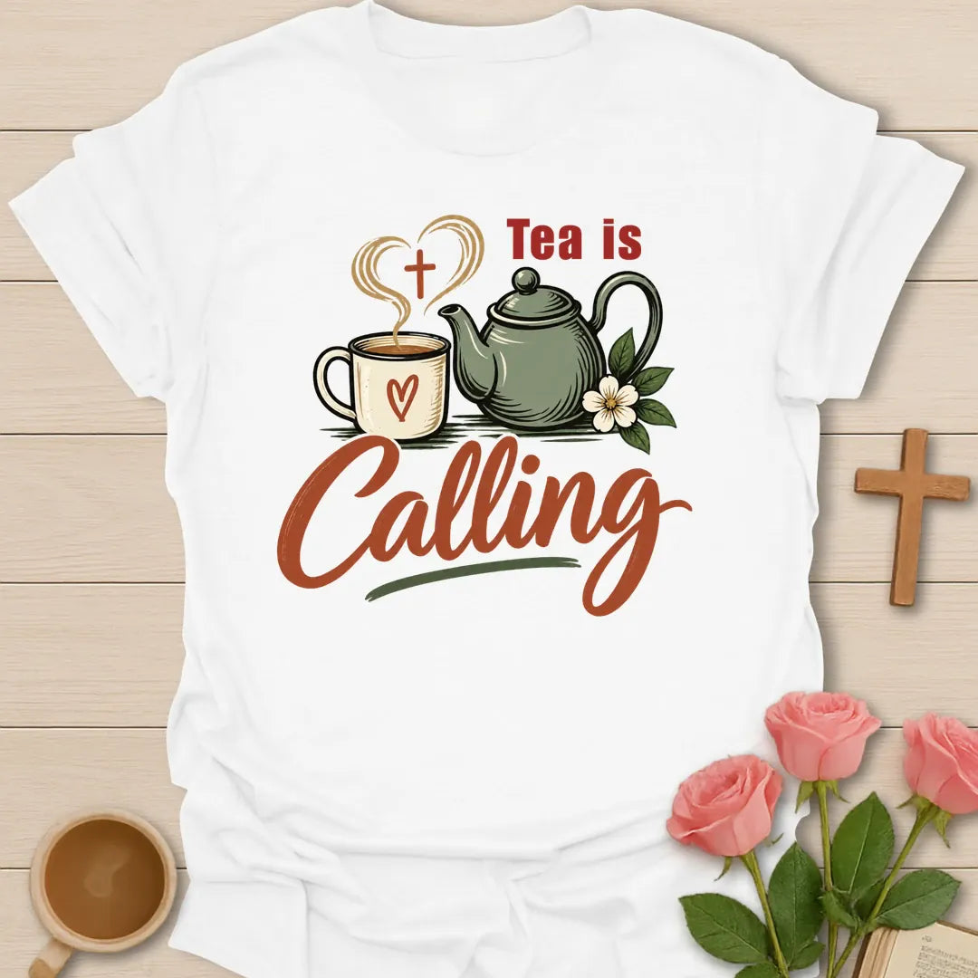 Tea Calling Christian t-shirt with playful tea lettering - White