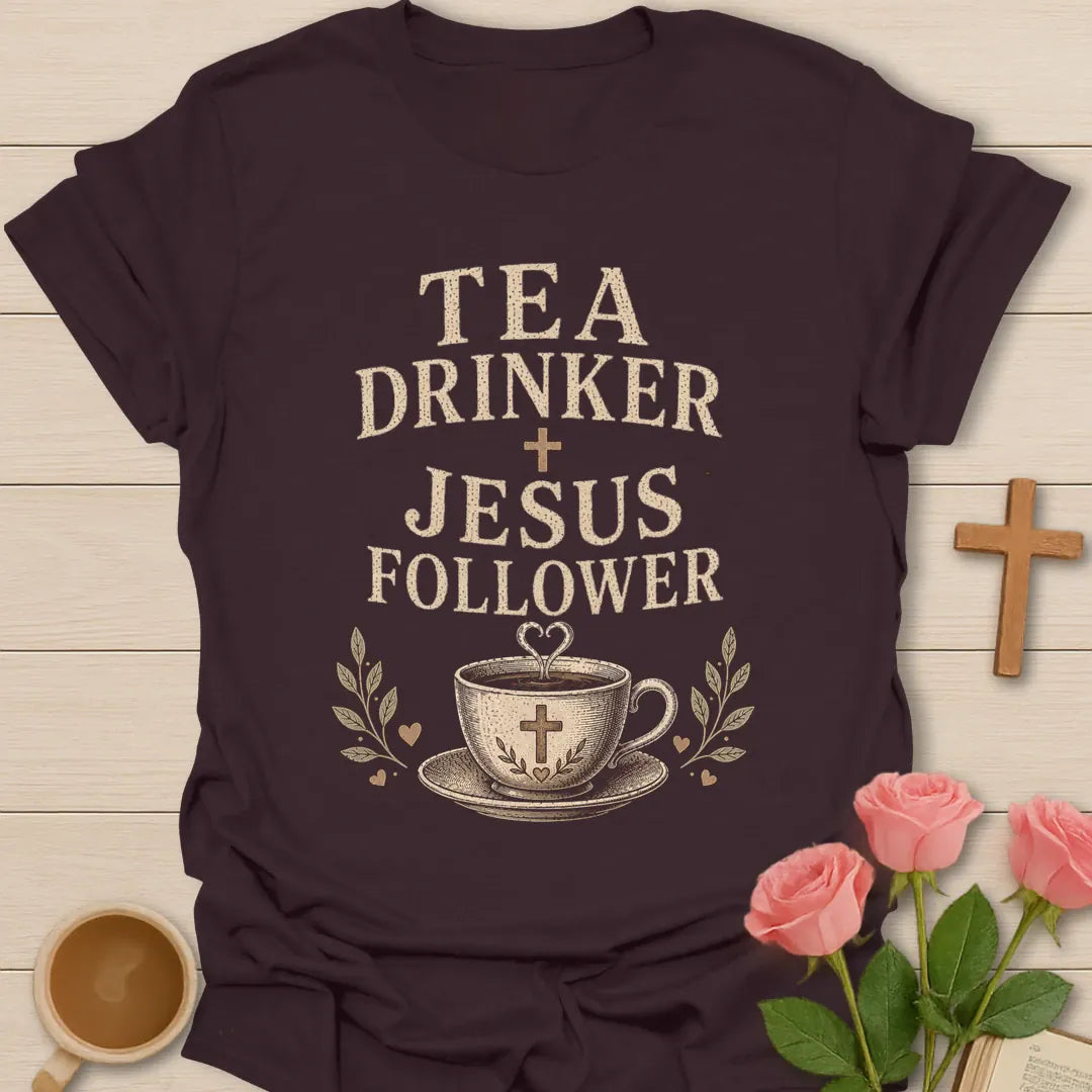 Tea Drinker Jesus Follower t-shirt with bold vintage lettering, a cross and a teacup with hearts. - Dark Chocolate