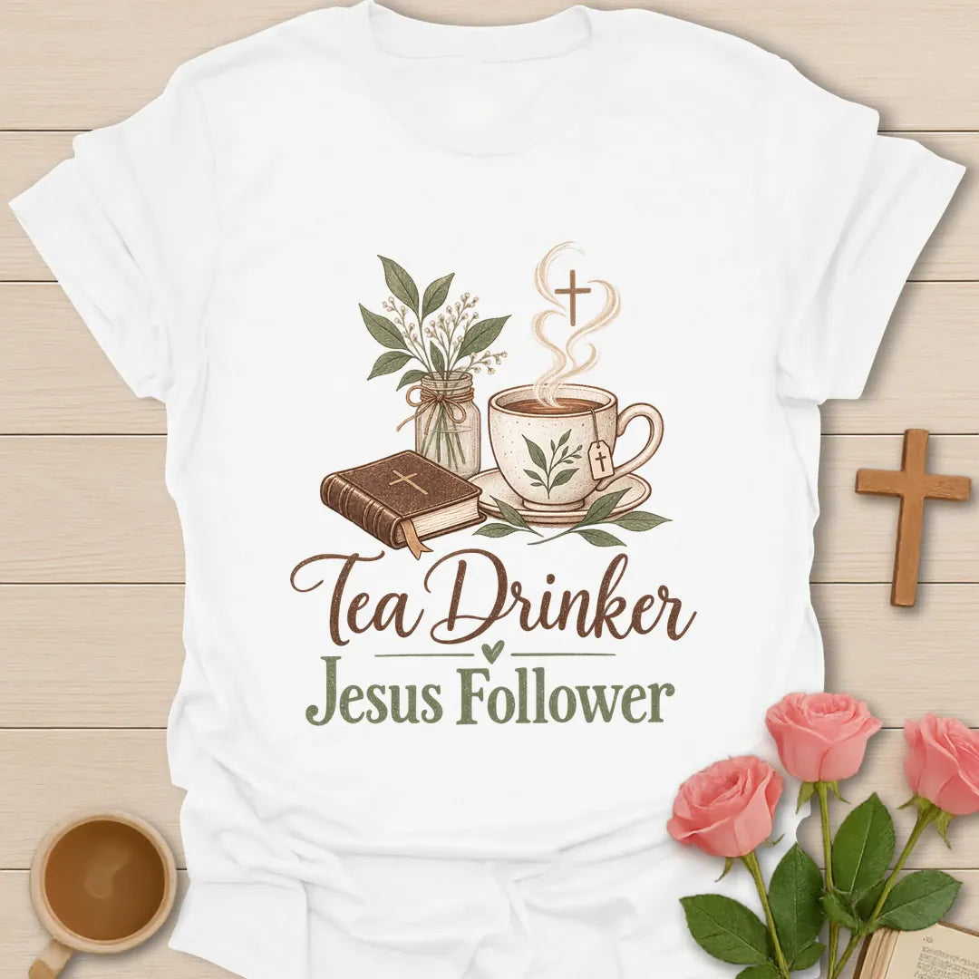 Tea Drinker Jesus Follower t-shirt with script lettering, a Bible, a teacup with cross-shaped steam and a jar of greenery. - White