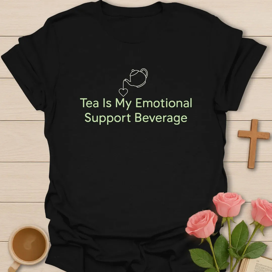 Tea Emotional Support Beverage shirt with teacup, playful lettering, and faith-inspired design. - Black