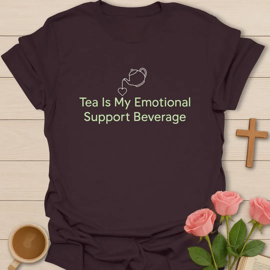 Tea Emotional Support Beverage shirt with teacup, playful lettering, and faith-inspired design. - Dark Chocolate