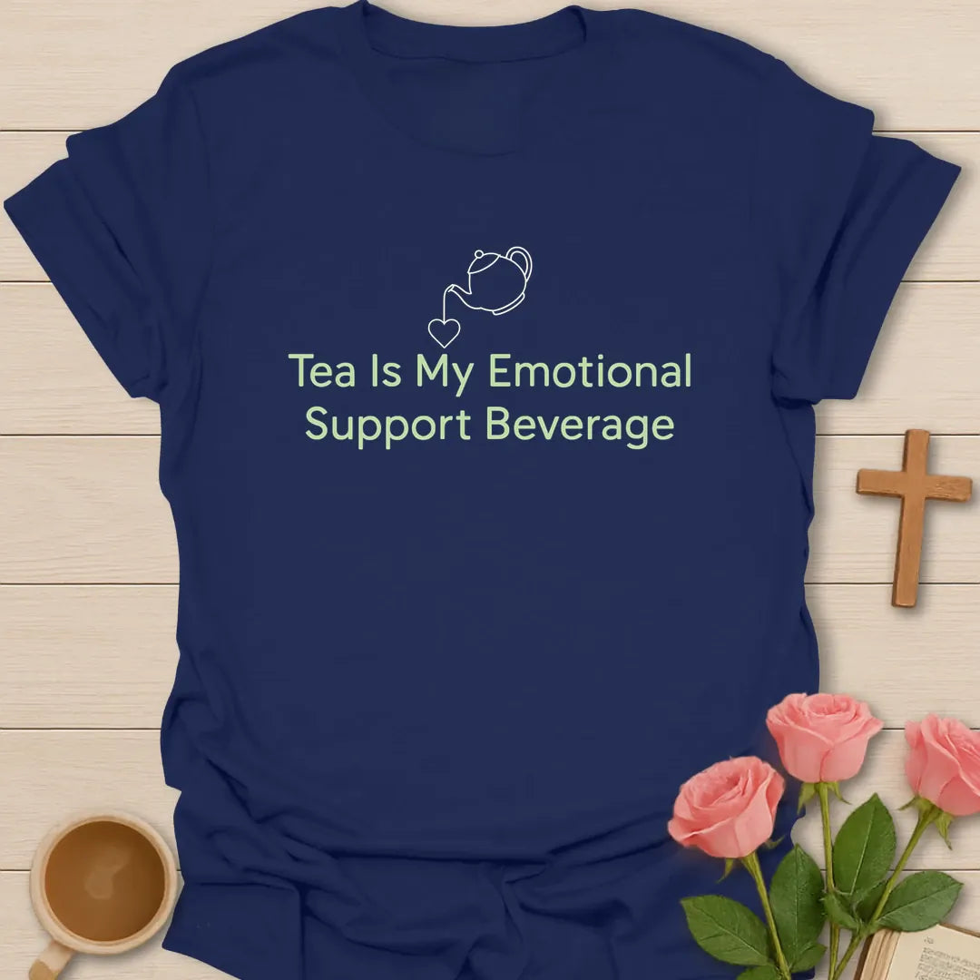Tea Emotional Support Beverage shirt with teacup, playful lettering, and faith-inspired design. - Navy