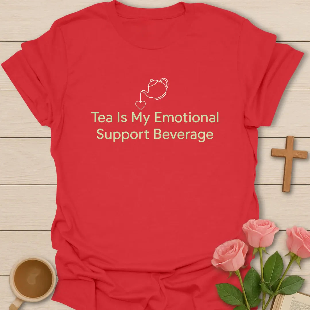 Tea Emotional Support Beverage shirt with teacup, playful lettering, and faith-inspired design. - Red