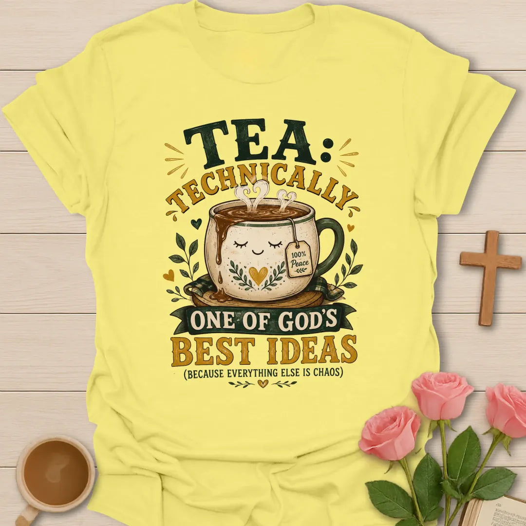 Tea God's Best Ideas shirt with playful lettering and faith-inspired design. - Cornsilk