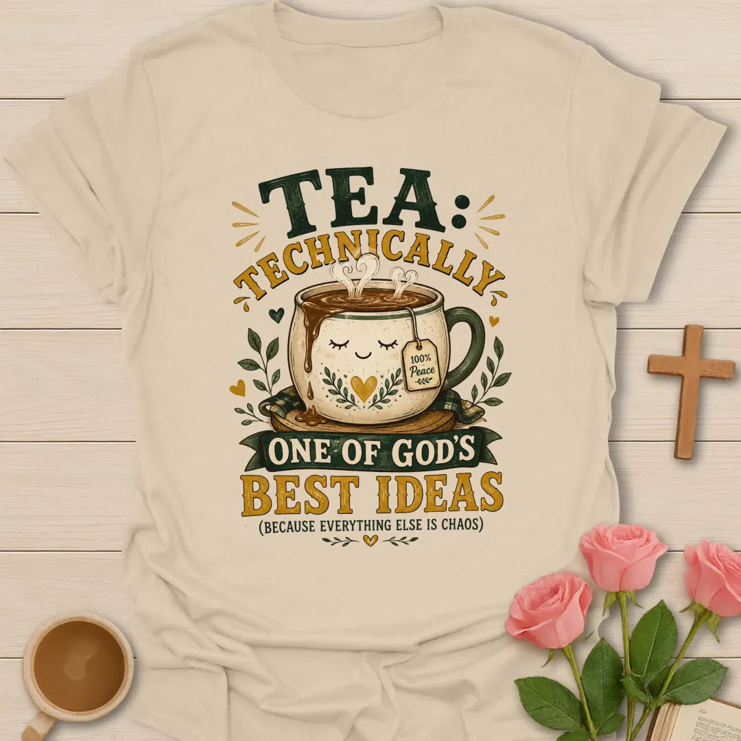 Tea God's Best Ideas shirt with playful lettering and faith-inspired design. - Sand