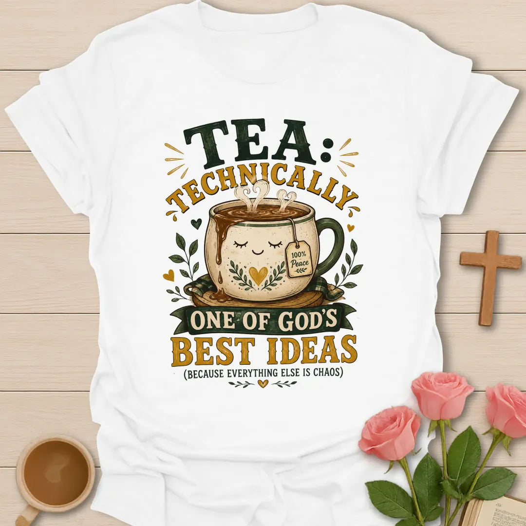 Tea God's Best Ideas shirt with playful lettering and faith-inspired design. - White