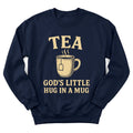Tea God's Hug sweatshirt with warm teacup and comforting faith lettering - Navy