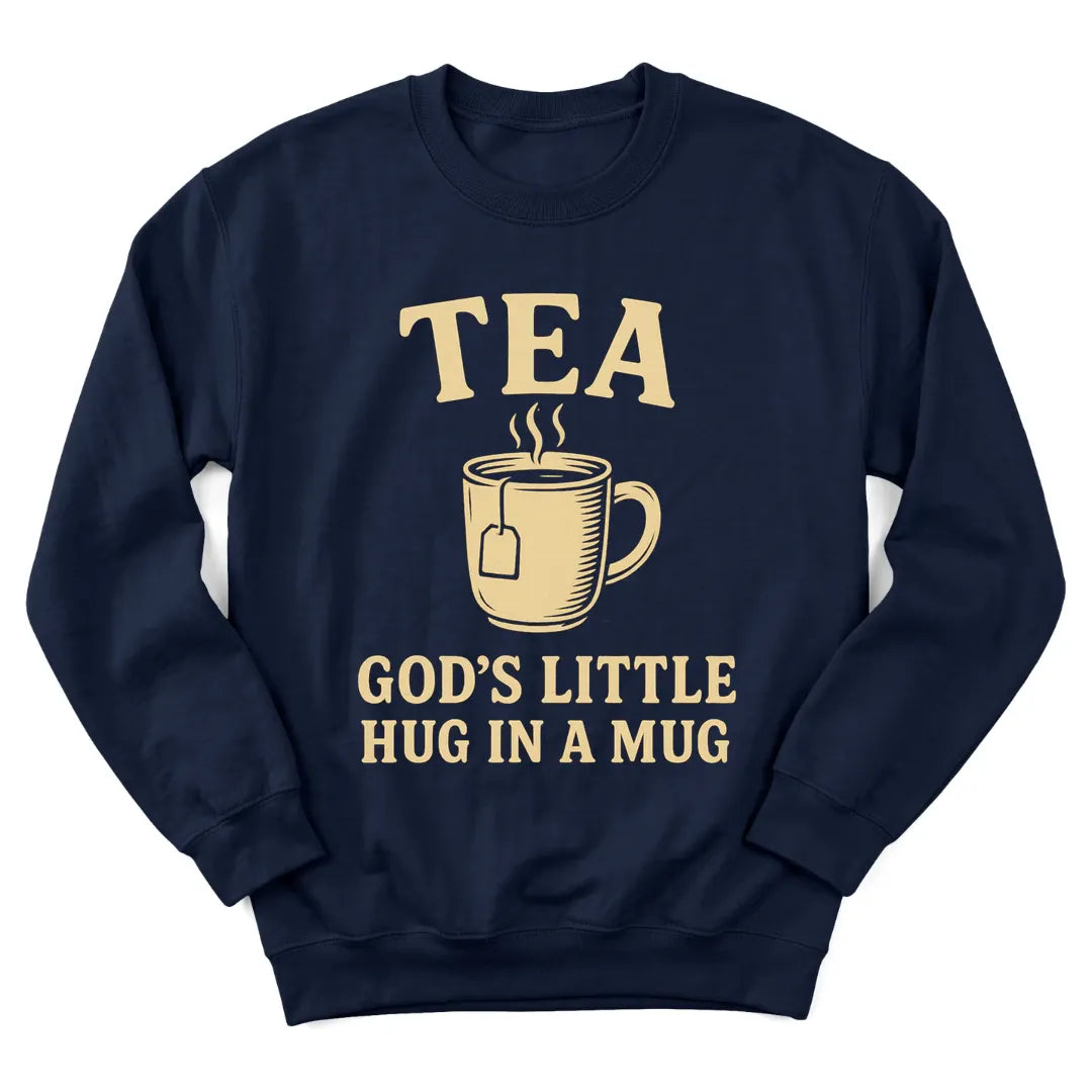 Tea God's Hug sweatshirt with warm teacup and comforting faith lettering - Navy