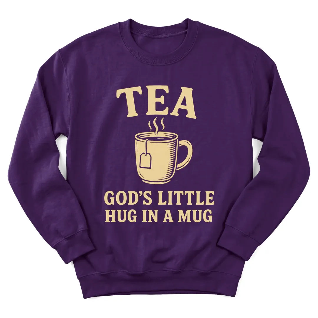Tea God's Hug sweatshirt with warm teacup and comforting faith lettering - Purple