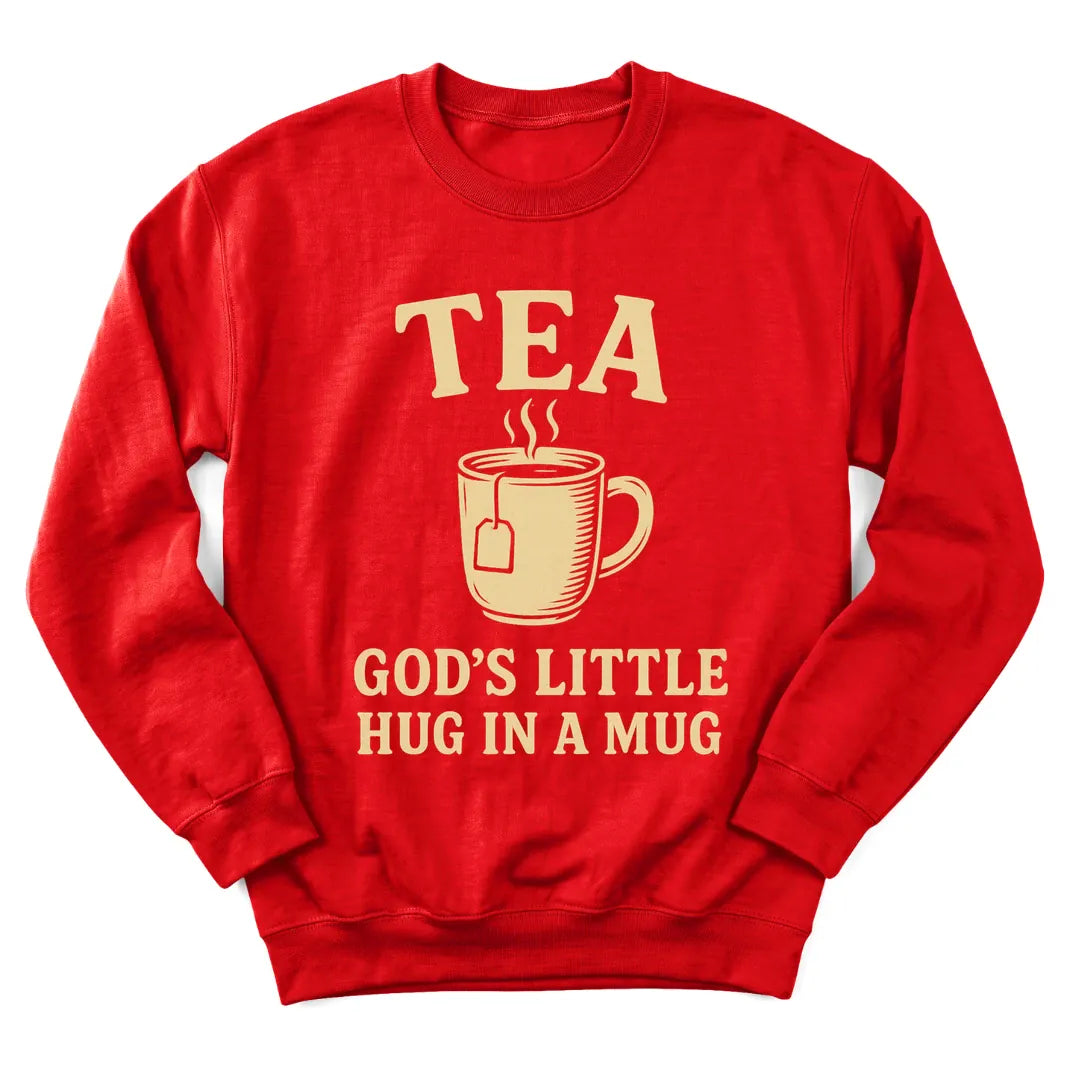 Tea God's Hug sweatshirt with warm teacup and comforting faith lettering - Red