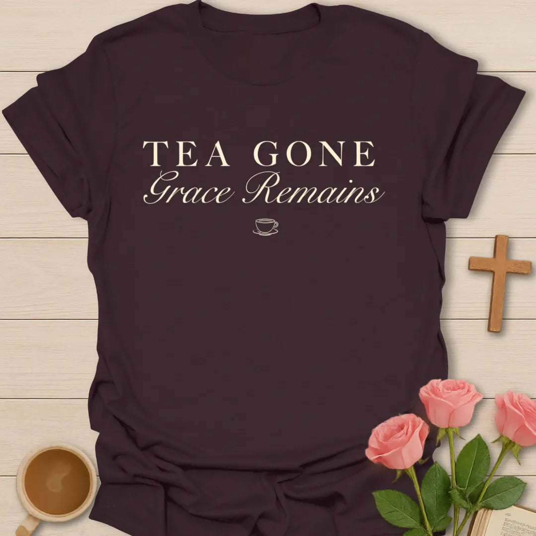 Tea Gone Christian tea shirt with faith-inspired lettering design - Dark Chocolate