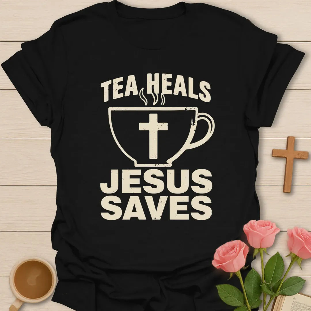Tea Heals Jesus Saves shirt with bold cream lettering, teacup with cross, and distressed vintage texture. - Black
