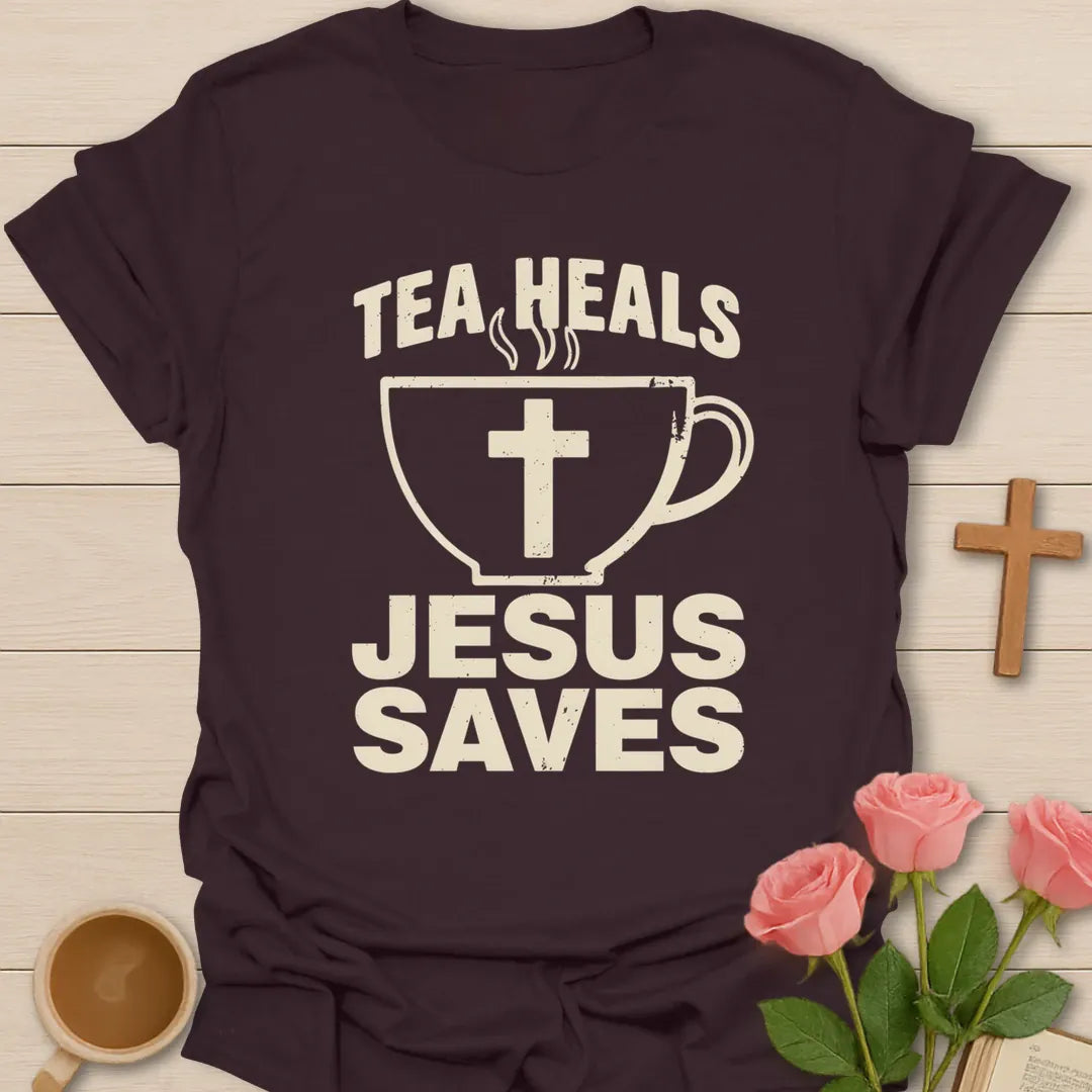 Tea Heals Jesus Saves shirt with bold cream lettering, teacup with cross, and distressed vintage texture. - Dark Chocolate