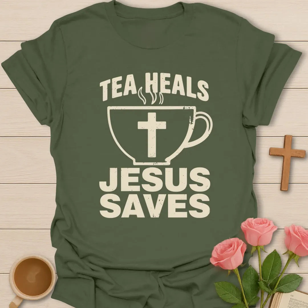 Tea Heals Jesus Saves shirt with bold cream lettering, teacup with cross, and distressed vintage texture. - Military Green