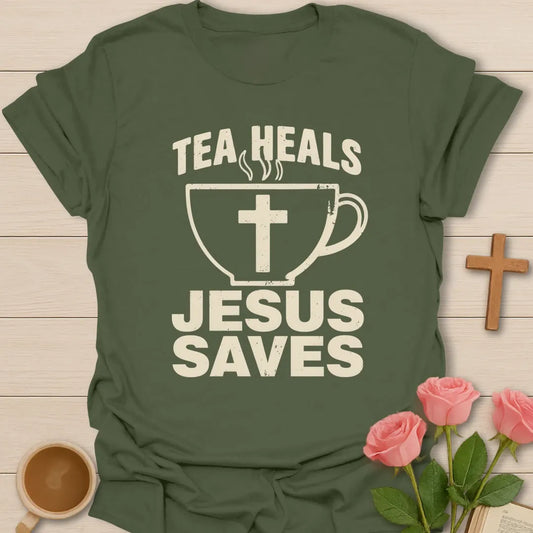 Tea Heals Jesus Saves shirt with bold cream lettering, teacup with cross, and distressed vintage texture. - Military Green