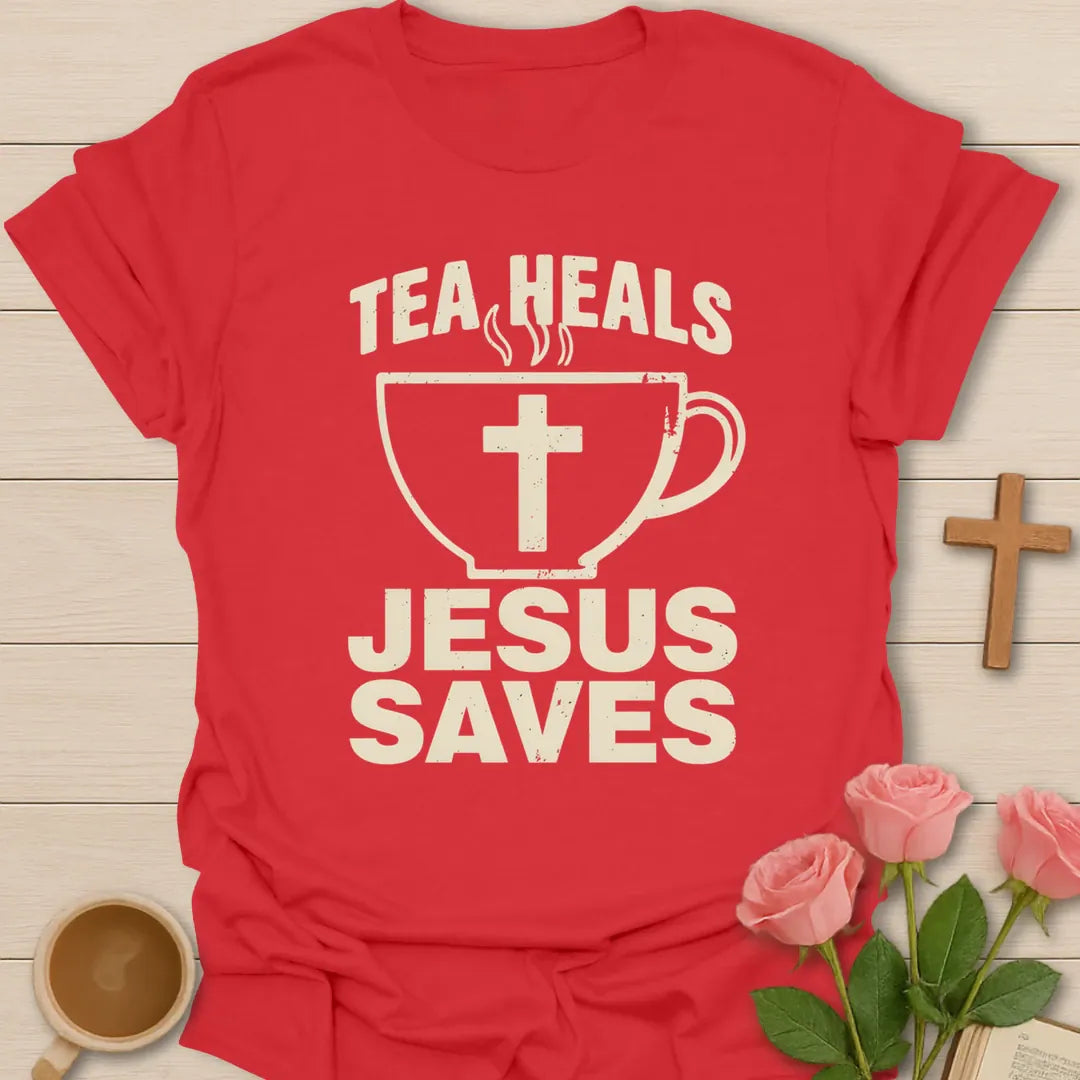 Tea Heals Jesus Saves shirt with bold cream lettering, teacup with cross, and distressed vintage texture. - Red