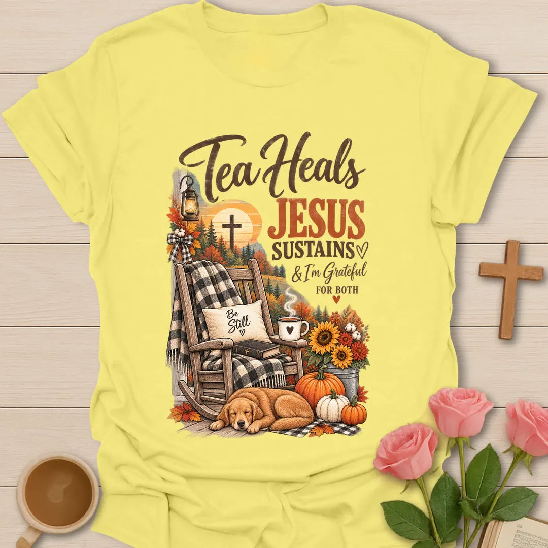 Tea Heals Jesus Sustains shirt with gentle lettering and a faith-inspired tea design. - Cornsilk
