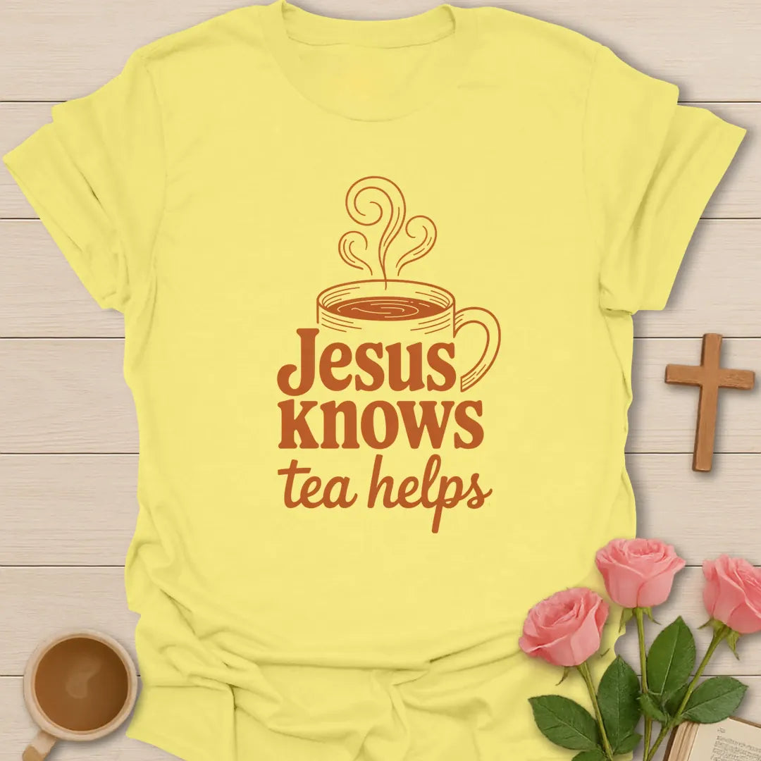 Tea Helps Christian shirt with teacup, cross, and cream vintage lettering. - Cornsilk